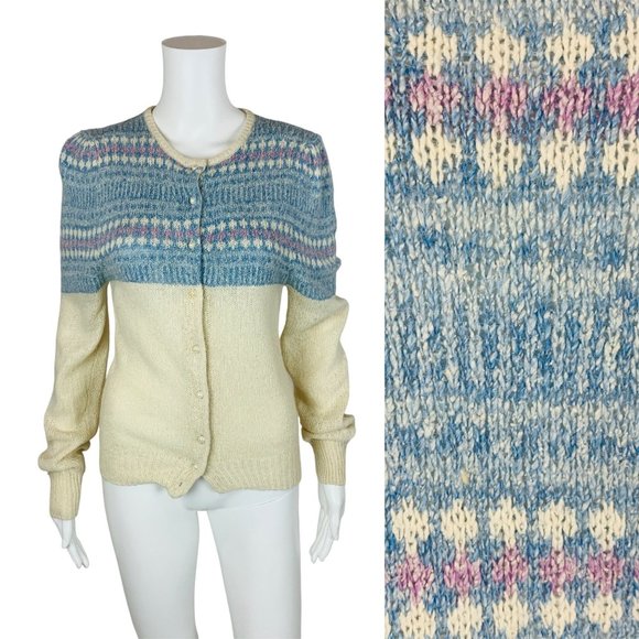 Vintage 60s Nordic Blue Cardigan Silk Angora Blend Fair Isle Sweater B 32"